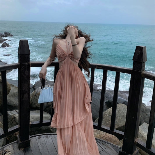 Sexy Pure Desire Wind Irregular Waist Showing Thin Suspender Dress Female Sanya Seaside Vacation Photo Dress Long Skirt