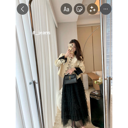MUKOK early spring standard ~ white denim jacket female 2023 new round neck color contrast design short jacket