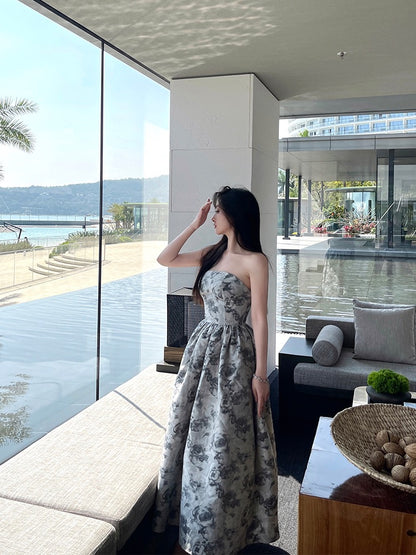 For Fay original spring and summer new cool and extravagant rose jacquard tube top dress princess fluffy dress