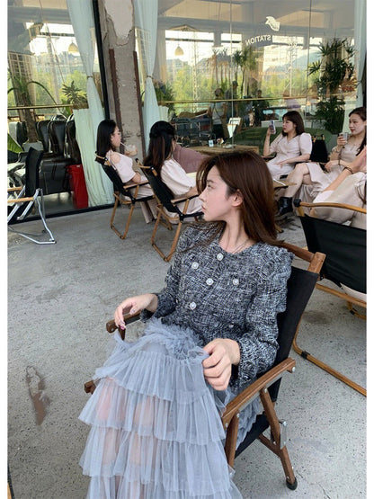 Autumn French tea break, small fragrance, salty style, light and mature, high-end wear, temperament, socialite, net gauze skirt, two-piece suit for women