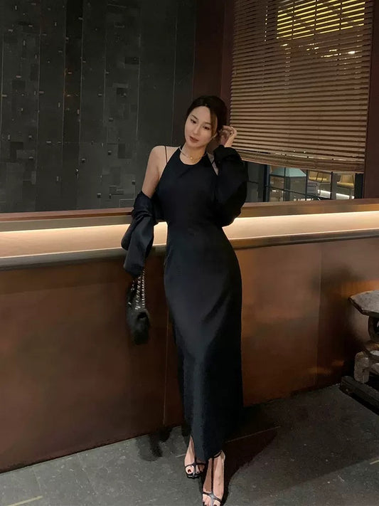 Middletone | Advanced Law Navy Blue Halter Dress Long Sleeve Suit Three Piece Commuter