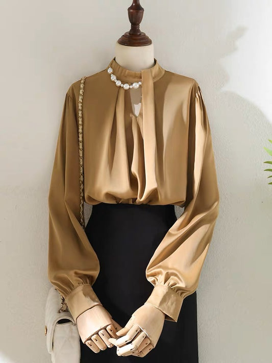 Draping satin pleated niche stand-up collar shirt women 2023 spring and summer new temperament lantern sleeve high-end shirt