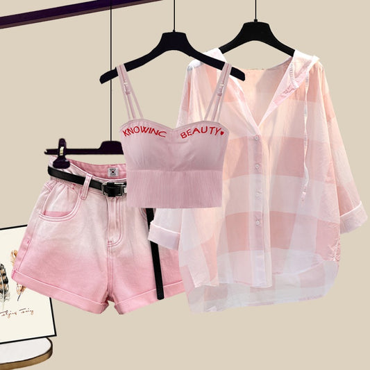 Pure and sweet suit summer hot girl vest sunscreen shirt short pants fried street net red hot style three-piece set female summer