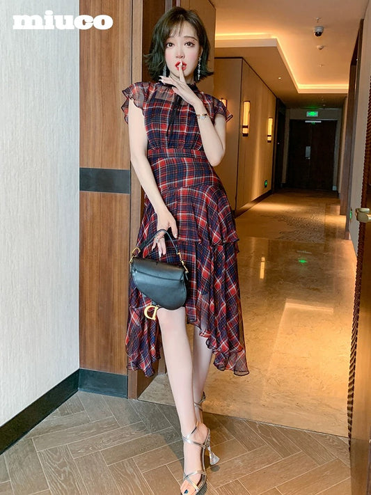 miuco classic plaid temperament lapel flying sleeves irregular ruffle dress female 2021 spring and summer new