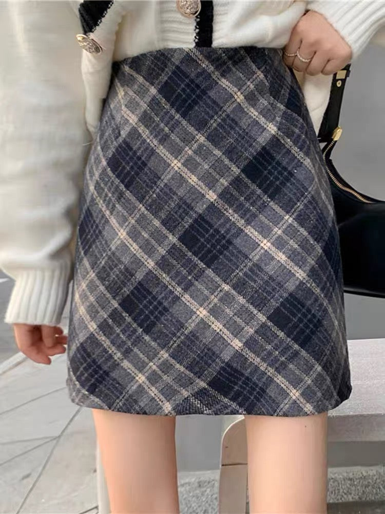 Plaid woolen a-line skirt ladies autumn and winter 2022 new package hip skirt small tall waist thin short skirt
