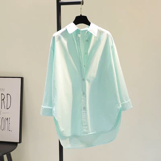 Fruit green mid-length cotton and linen shirt women 2023 spring new Korean version loose casual shirt top cardigan tide