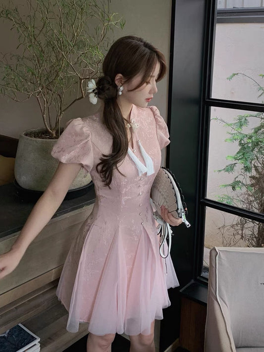 Bingbing is here [Pear Falling Begonia] Heavy Industry tassel high-end national style disc button improved cheongsam puff sleeve dress 1505
