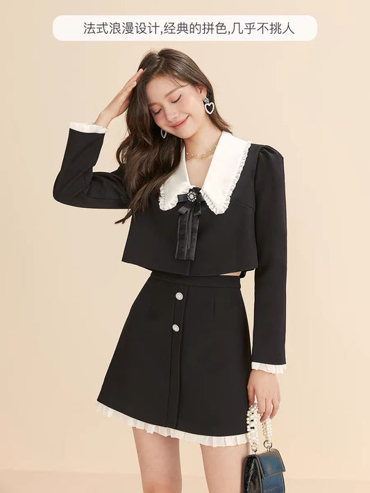 Fantu 2022 autumn new doll collar contrast color stitching two-piece French waist slim fashion suit women