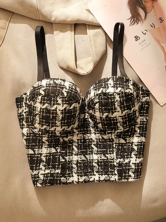French Houndstooth Fishbone Camisole Small Vest Women's Sexy Shaping Bra with Breast Pads Bottom Tube Top