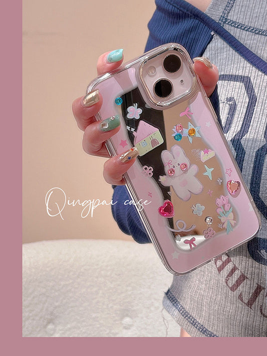 Light style suitable for Apple 14 mobile phone case new iphone13 girl stickers diamond rabbit mirror 12 girls 11 cartoon 14pm net red cute make-up mirror super hot all-inclusive anti-fall hard shell protective cover