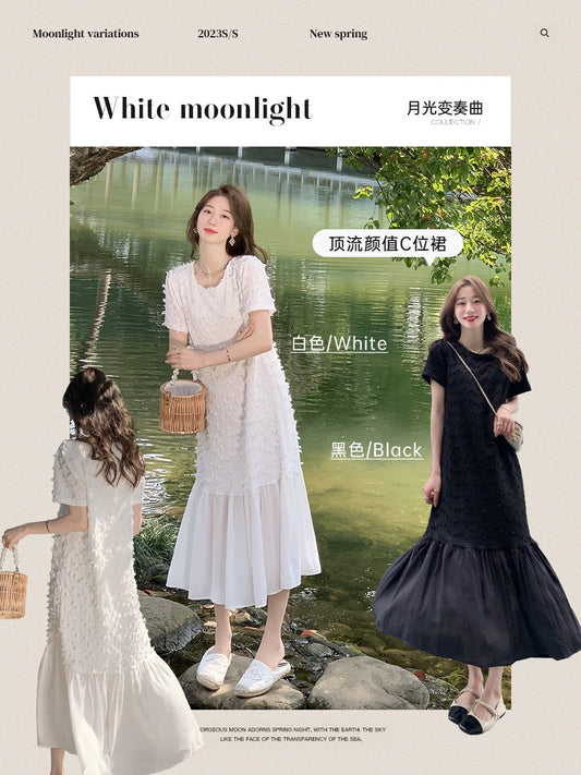 Guoguojia White Dress Women Summer 2023 New Temperament Stitching French Long Skirt Loose Slim Skirt