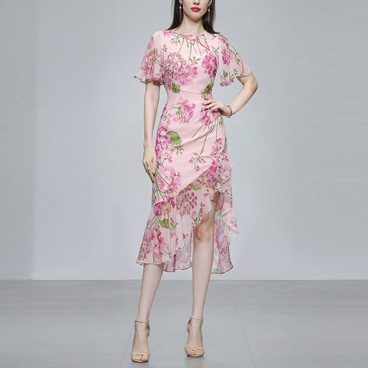 Summer Women's Clothing 2023 New Temperament Pink Slim Waist Slim Printed Chiffon Dress Long Skirt Female