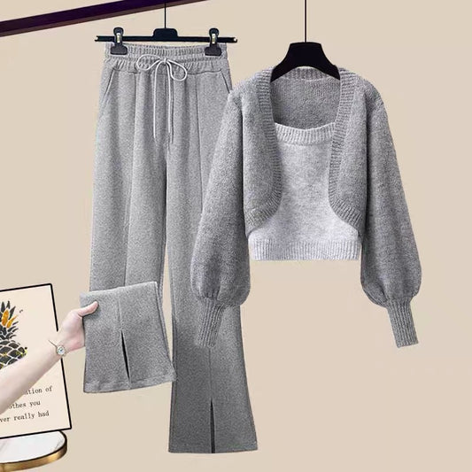 Autumn and winter winter clothes with a complete set of tall knitted sweaters, wide-leg pants, small fashion suits, women's two-piece suits