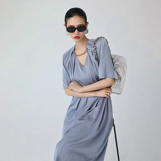 WANGXO temperament V-neck strapless dress women's summer 2022 new loose casual design sense mid-length skirt