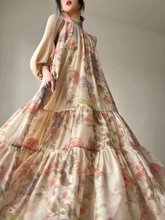 Aconiconi｜A Dream of Spring, Printed Vacation Style Dress, Sleeveless Hanging Neck, Seaside Summer Skirt, Long Skirt