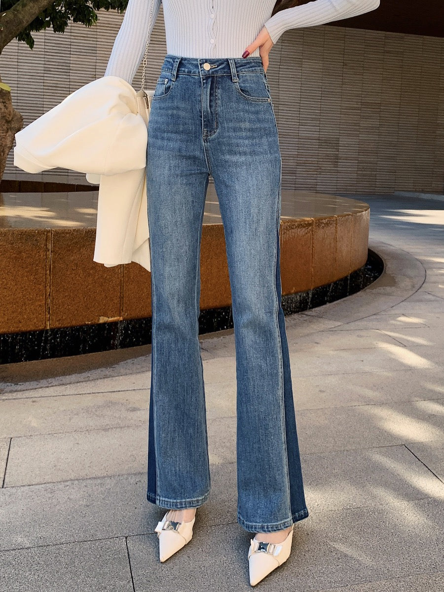 Mrs. Island song flared pants splicing jeans women's spring design sense long pants high waist slimming straight-leg pants