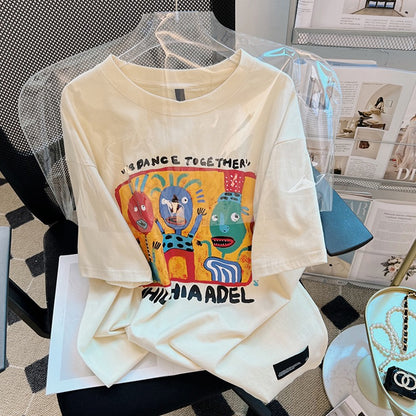 Apricot t-shirt women's summer loose cotton design sense niche half-sleeved chic fun cartoon print top ins tide