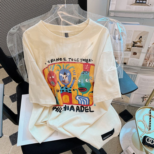 Apricot t-shirt women's summer loose cotton design sense niche half-sleeved chic fun cartoon print top ins tide