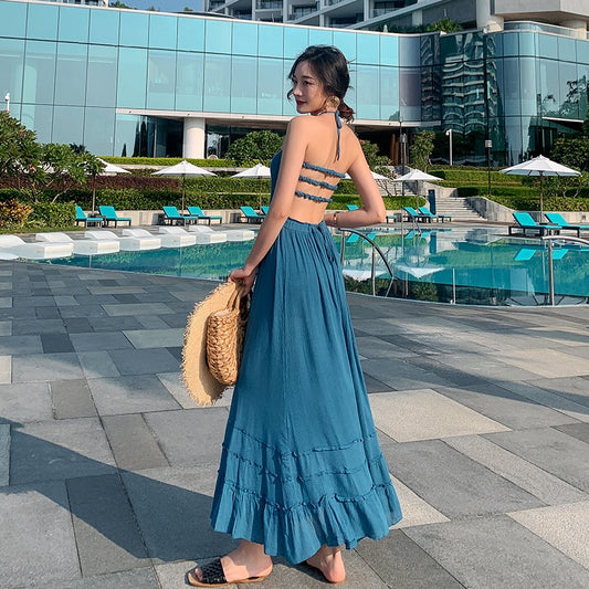 Bali holiday dress female summer temperament long skirt ankle backless fairy super fairy big pendulum forest beach skirt