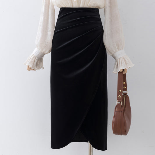 Black high-waisted velvet skirt women's autumn and winter 2022 new bag hip mid-length a-line skirt gold velvet bag skirt
