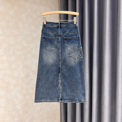 Retro denim skirt women's mid-length spring and summer new slimming and thin star slit high waist a-line bag hip skirt