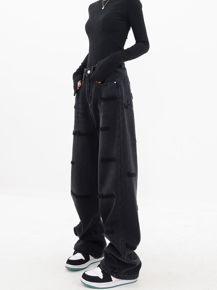 KEN STUDIO star with the same style plus velvet thickened flocking jeans women's winter wide-leg straight casual pants pants