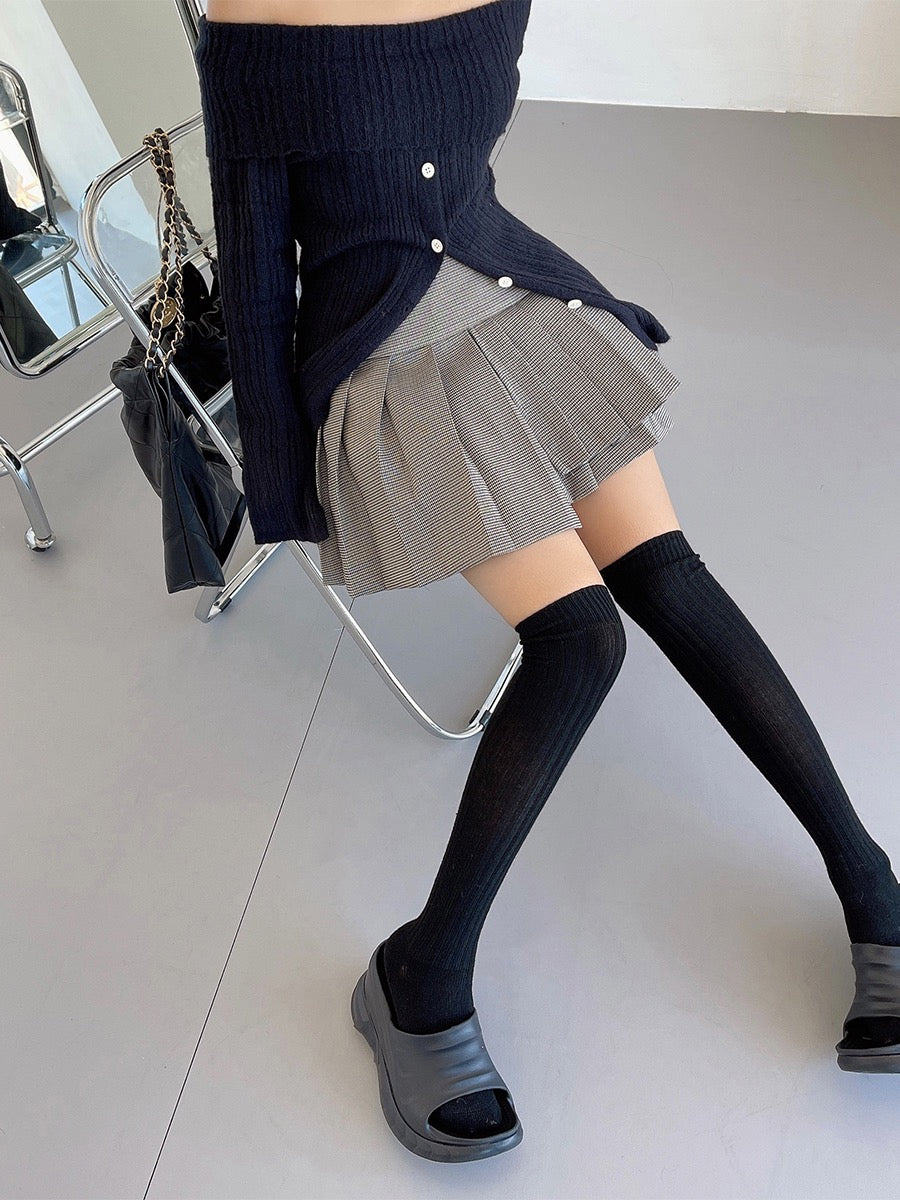 liviahome retro campus style pattern pleated skirt skirt women's autumn and winter high waist anti-light hakama JK