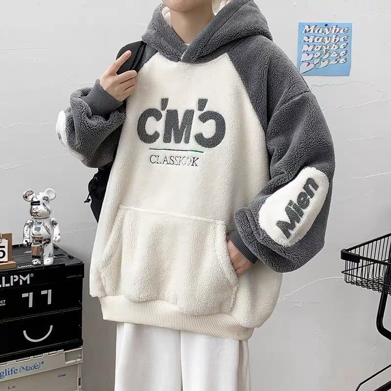 Autumn and winter Hong Kong style plus velvet thickened lamb velvet sweater men's color contrast stitching hooded jacket ins trend cotton hoodie