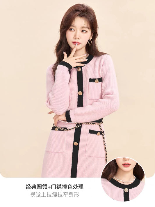 Fantu Slim Contrast Color Small Lotus Pink Dress Women's 2022 Autumn New Style Slim Long Sleeve Sweater Skirt