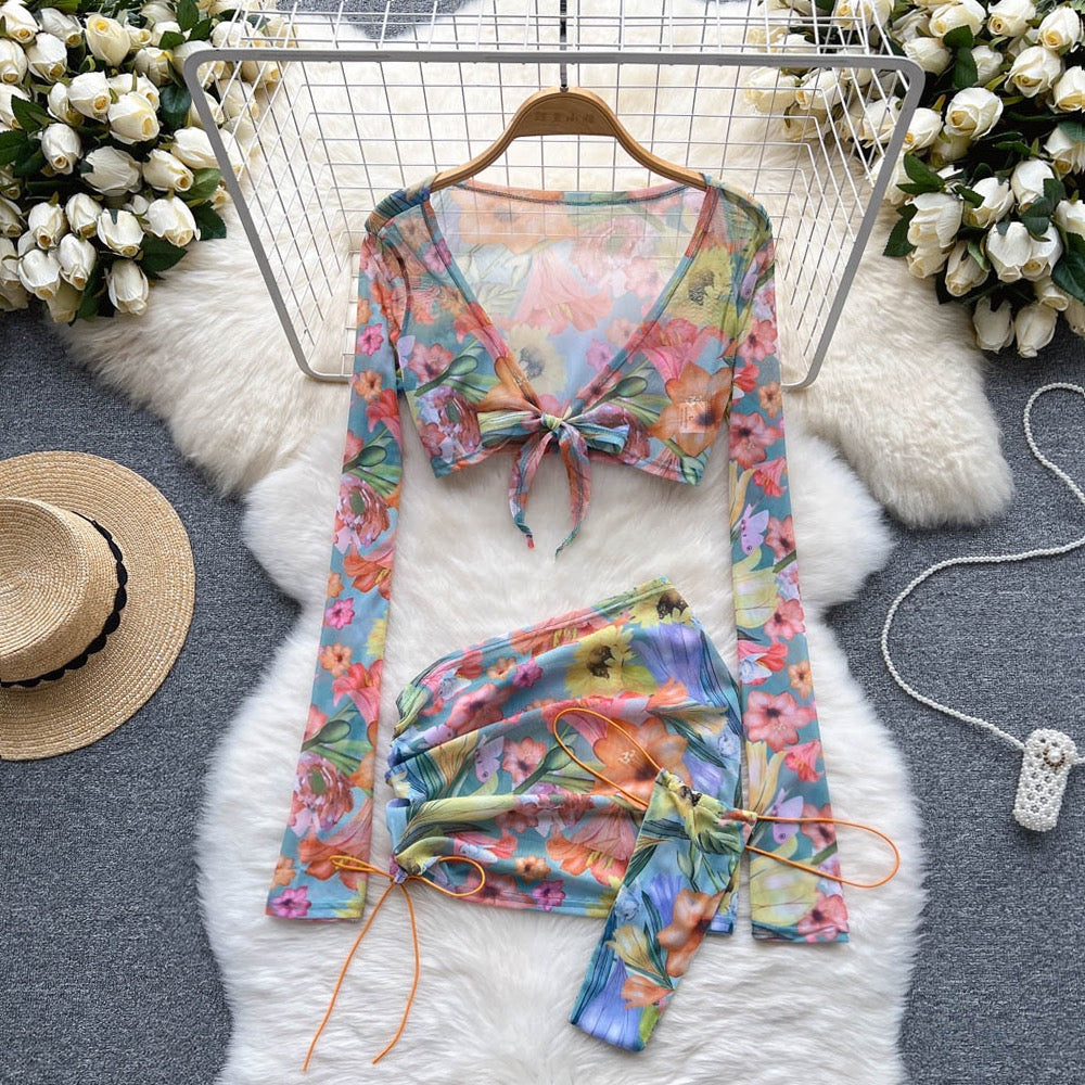 Pure desire wind three-piece suit female summer hot girl print V-neck long-sleeved top drawstring bag hip short skirt briefs