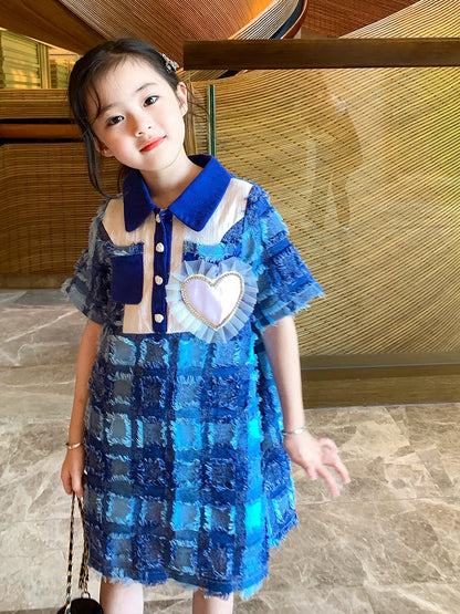 Original children's clothing girl's dress 2023 summer new children's college style retro Polo collar princess dress
