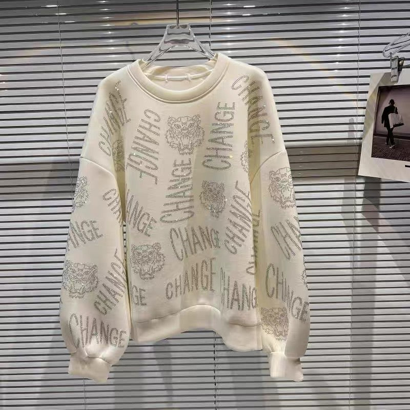 Net red with the same style 2022 autumn new full body letter rhinestone hot diamond shiny round neck pullover sweater top women's tide