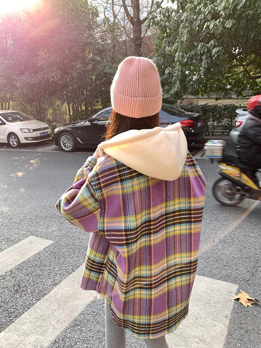 Plaid woolen coat coat women's spring and autumn Korean style small fashion detachable design niche hooded windbreaker