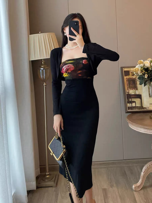 French retro pure desire rose design sense black tube top dress female autumn temperament long skirt two-piece suit