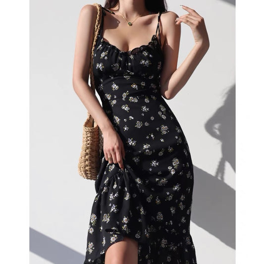 French retro V-neck thin shoulder strap daisy print suspender skirt women's A-line dress lace ruffled sexy long skirt