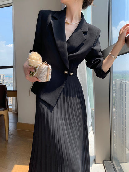 Guoge customized black dress female 2023 spring new suit collar waist thin temperament fake two pleated skirts