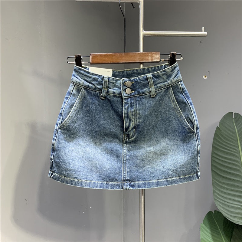 European goods 2023 spring new retro blue denim short skirt double button buckle non-bullet anti-light a-line sexy skirt