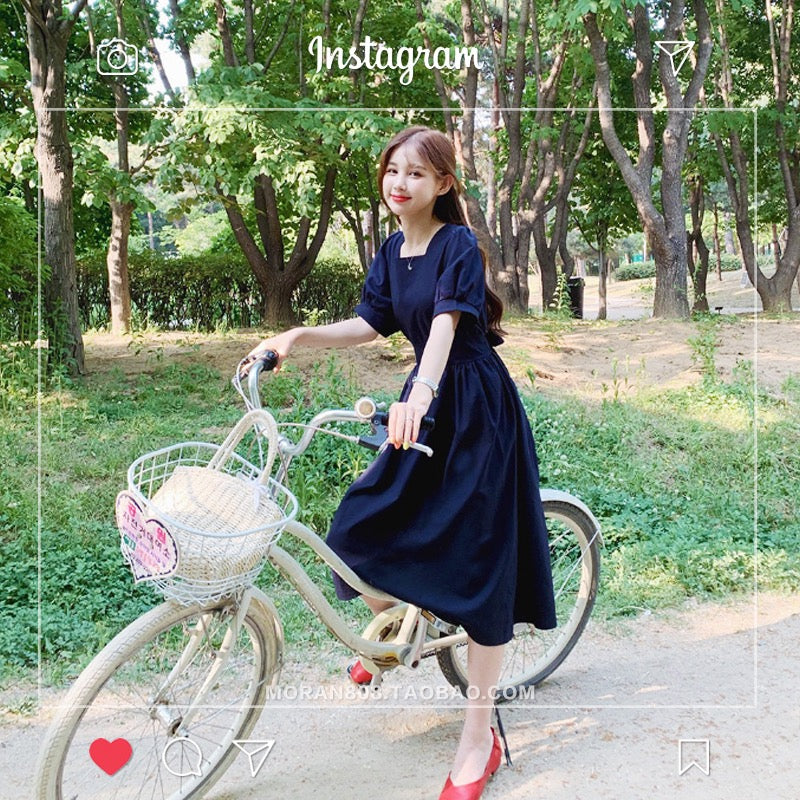 French-style long skirt waist slim temperament retro cotton and linen dress 2023 summer new platycodon skirt over the knee mid-length