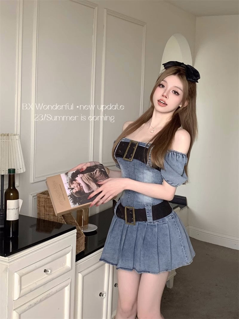 Retro denim one-shoulder dress female summer pleated skirt waist sweet hot girl sexy strapless a-line skirt
