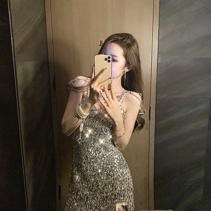 Qianda Original Design Noble Gradient Gold Sequin Long Dress Dress Birthday Party Banquet Dress