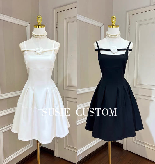 High custom design shows temperament three-dimensional camellia suspenders slim waist tutu skirt pocket dress