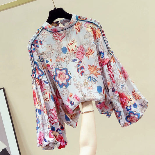 Women's clothing cut label design niche printing stand-up collar chiffon shirt women's long-sleeved shirt 1729