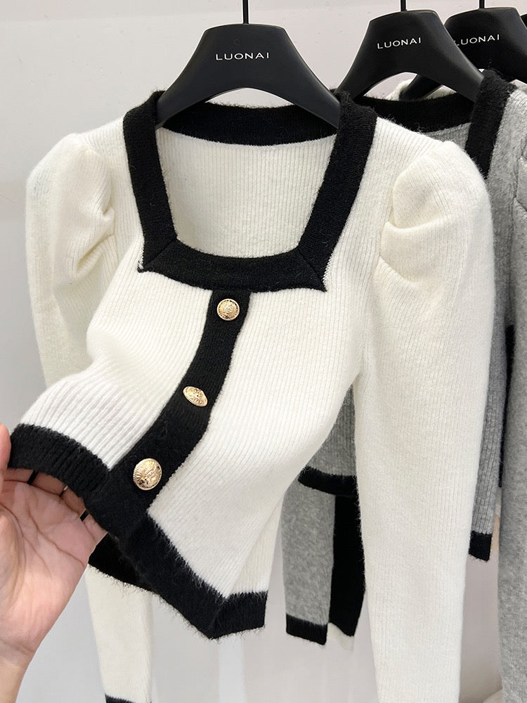 Small fragrant wind bottoming shirt women's autumn and winter sweater with chic short section beautiful top square collar puff sleeve knitted sweater women