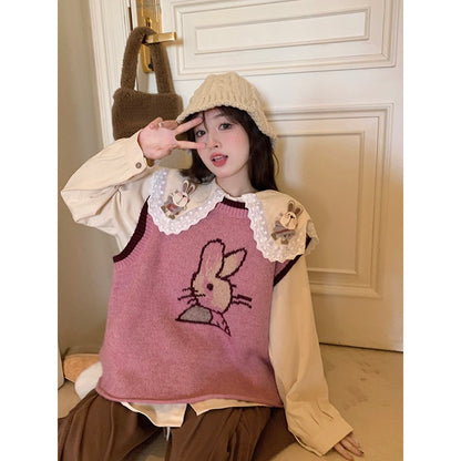 Sweet forest cartoon knitted vest doll collar embroidery layered shirt women's autumn 2022 new fashion suit