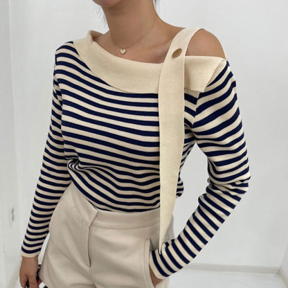 Korean chic autumn elegant niche slanted collar irregular off-shoulder design contrasting color striped loose long-sleeved sweater