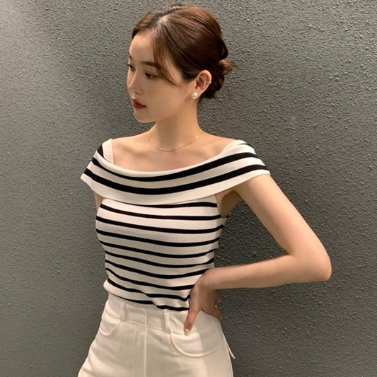 Korean chic summer temperament small sexy one word collar strapless slim slim striped short-sleeved sweater top women