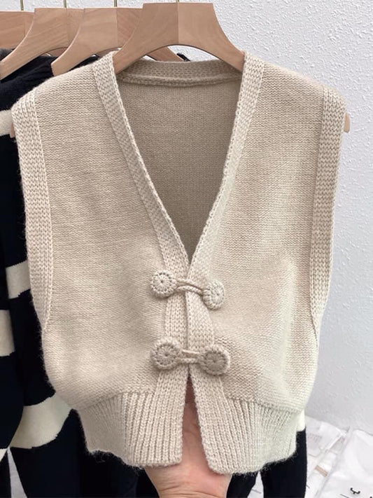 French retro sweater vest knitted vest women's autumn and winter V-neck outer layered vest shoulder short cardigan coat ins