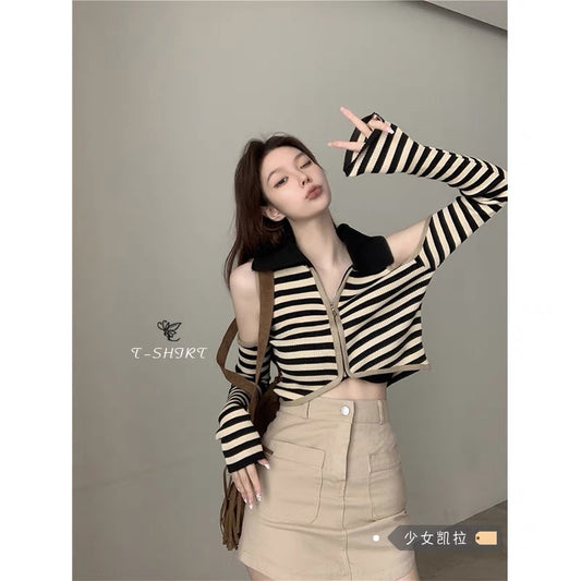 POLO collar strapless striped knitted T-shirt women's summer new French short style hot girl slim long-sleeved top early autumn