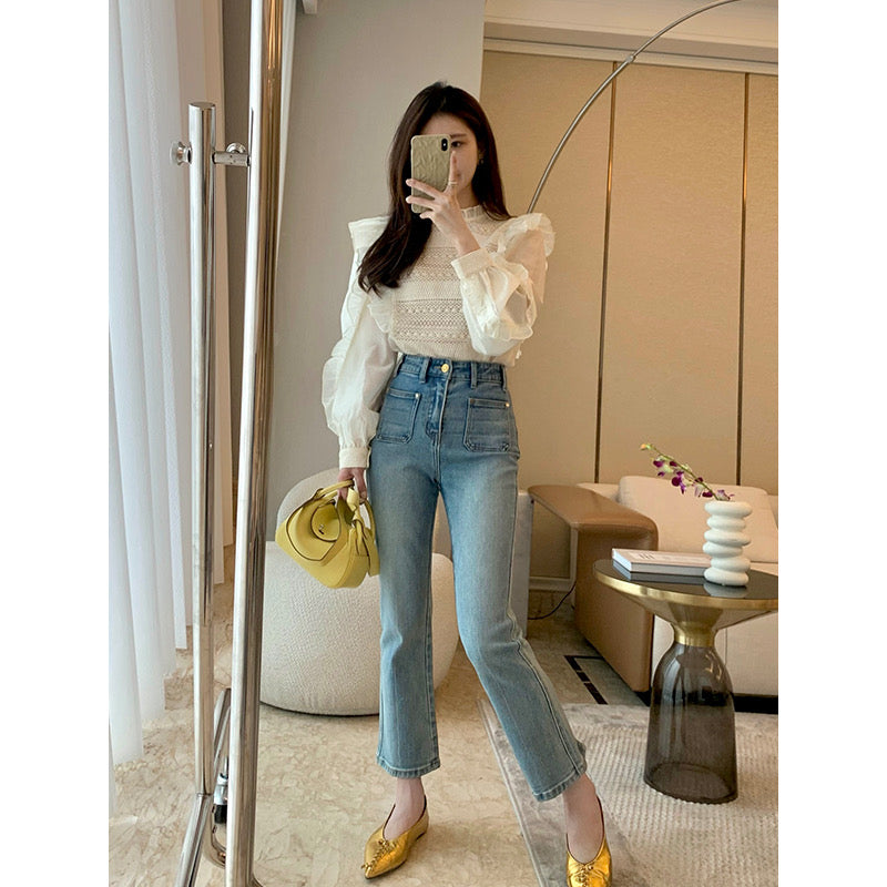 MUKOK blue jeans women's nine points 2023 new spring season all-match high-waisted slim fit slim micro-la casual