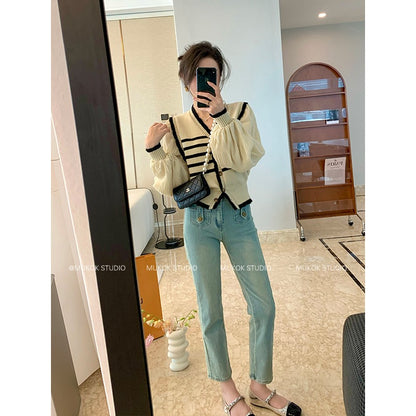 MUKOK retro blue nine-point jeans women's 2023 spring new small slim tall waist straight cigarette pipe pants